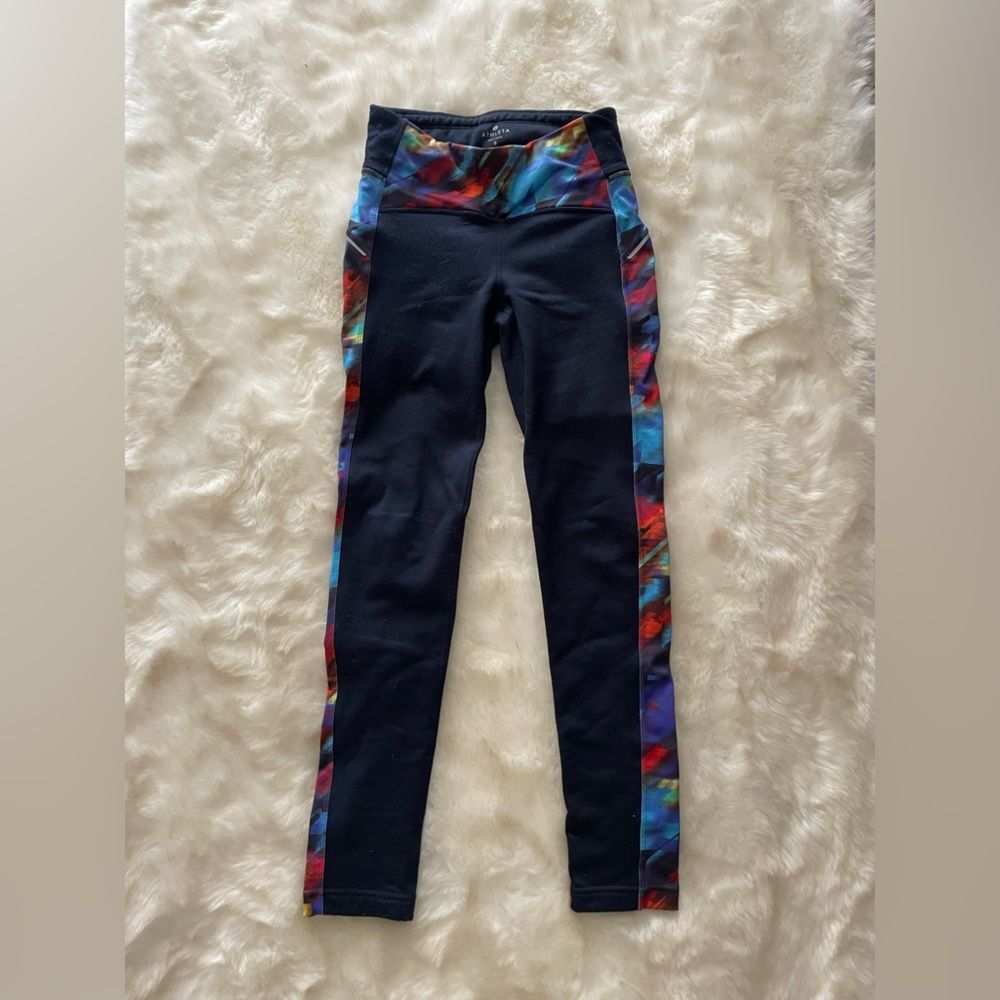 Athleta fleece lined leggings base layer winter small navy blue multicolor